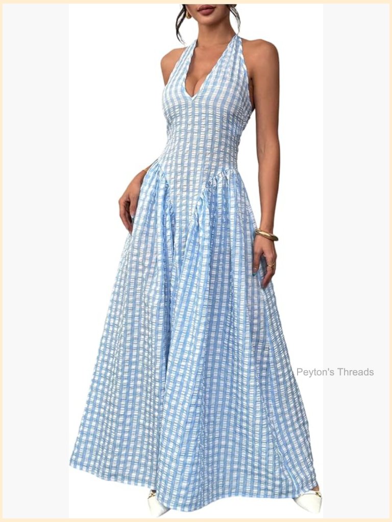 Plaid Deep V Neck Halter Dress Ruffle Ruched Sleeveless A Line Maxi